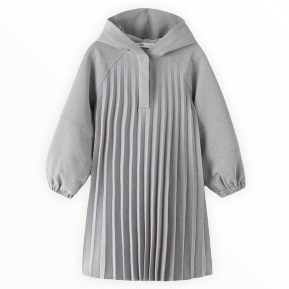 Zara Kids Girl Cream Sporty Pleated Hoodie Dress 5 Blogger Favorite NWT - Picture 2 of 4